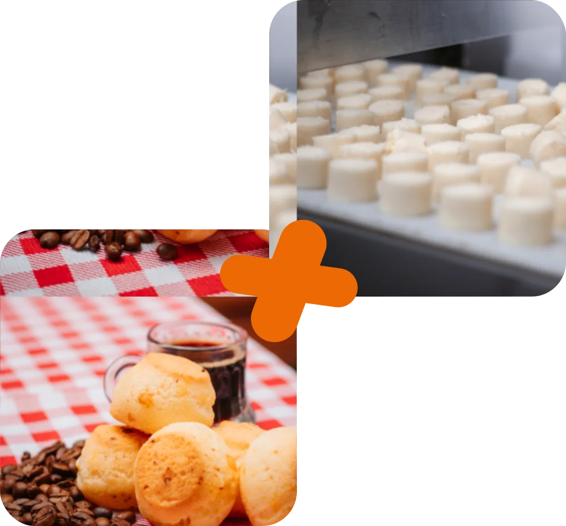 Pães de queijo e fábrica Queijo Mais